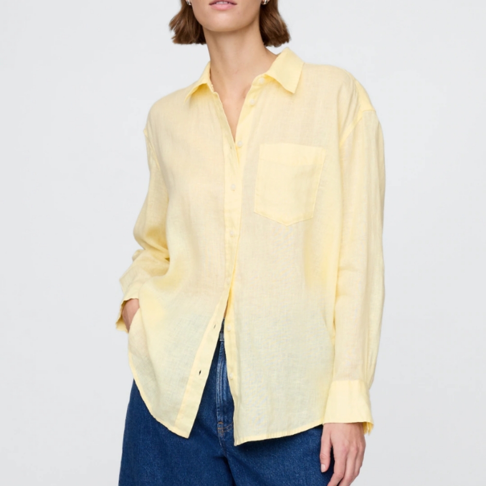 Gap Linen Yellow Button-Up Shirt, Size L